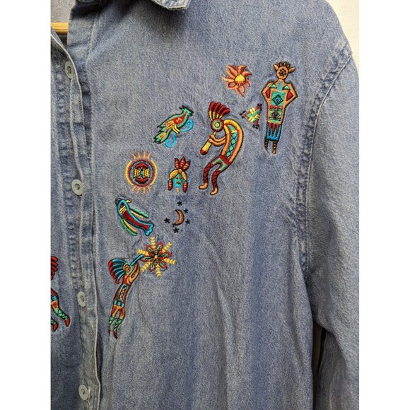 Passion-I Women's Vintage Denim Southwestern Embroidered Button Up Shirt Sz L - Picture 3 of 6
